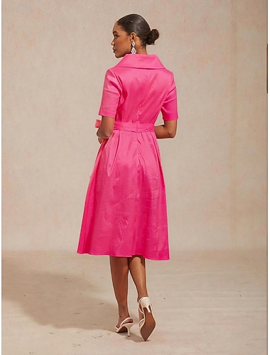  Dames Mini-jurk A lijn jurk Bodycon-jurk Elegant Bruiloft gast Cocktailparty strik voorkant Normale pasvorm Effen Kleur Korte mouw V-hals Fuchsia