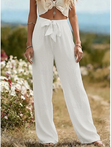  pantaloni estivi da donna 100% cotone a gamba larga, streetwear, casual, lunghi, vita alta, tinta unita, tasca, taglio alto, traspiranti, morbidi, micro-elastici, per vacanze, streetwear, abbigliamento quotidiano, neri, bianchi, verde chiaro