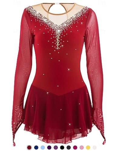  Kjole til kunstløp Dame Jente Skøyteløp Kjoler Lyseblå Svart Hvit Lapper Netting Høy Elastisitet Konkurranse Skøyteklær Juveler Strass Langermet Skøyting Kunstløp