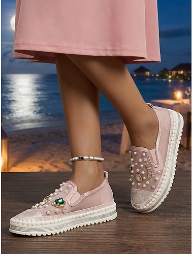  Baskets de mariage pour femmes ornées de perles - élégantes chaussures de mariée à enfiler avec strass pour les mariées à la plage