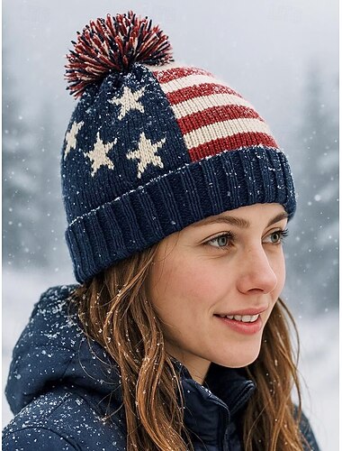  Verenigde Staten 250e Jubileum Unisex Patriottische Gebreide Beanie Hoed met Pompon Sterren  Stripes Amerikaanse Vlag Ontwerp Zachte Winter Gebreide Cap Casual Festival Stijl