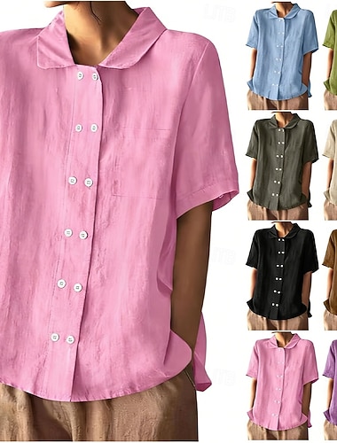  Dames Linnen overhemd Zomer overhemd Overhemd met knopen Imitatie katoenlinnen Knop Effen Kleur Effen Dagelijks Stijlvol Casual Korte mouw Strijkijzer Normale tops Feestdagen Uitgaan Vakantiekleding