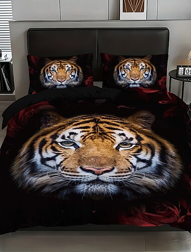  Bettwäsche-Set im Hotelstil mit schwarzem und rotem Rosen-Tiger-Print, bestehend aus einem Bettbezug und zwei Kissenbezügen aus weichem Plüschstoff (ohne Bettdecke).