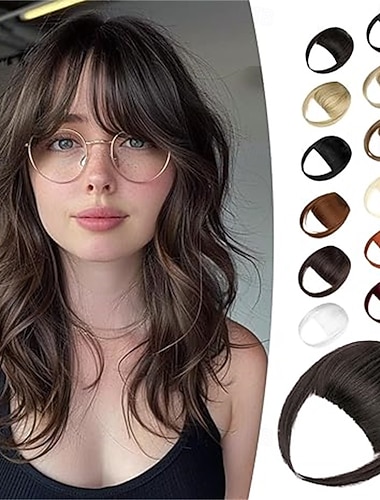  Clip-in-Pony, natürlicher Fake-Pony, Haarspange, schwarzbrauner französischer Pony mit Schläfenpartie, Haarteile zum Anclipsen, Haarverlängerungen, geschwungener Pony für den Alltag