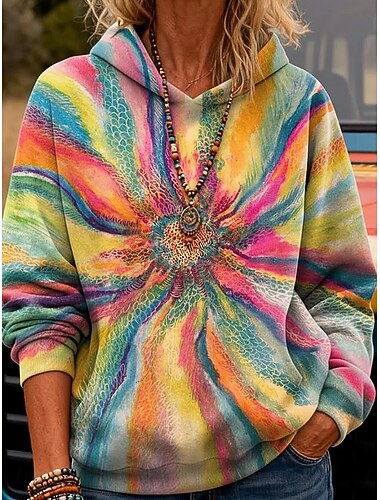  Damen Kapuzenpullover Patchwork Druck Fronttasche Blumen Grafik Lässig Boho Langarm Mit Kapuze Normale Oberteile Straße Alltagskleidung Rosa Grün Regenbogen Frühling Herbst