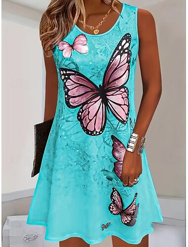  Mardi gras Dames Knielengte jurk Zonnejurk A lijn jurk Zomerjurk Vakantie Casual Huis Strand Feest Normale pasvorm Bloemig Grafisch Blad Mouwloos U-hals blauw Rood Paars Oranje Zomer Lente