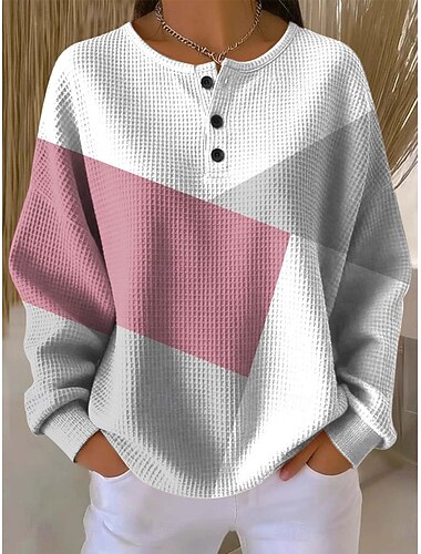  Mulheres Moletons Botões Gráfico Geométrica Bloco de cor Moda Casual Estampado Manga Longa Gola Redonda Decote Redondo Tops regulares Casual Rua Azul Rosa Verde Primavera Outono Inverno