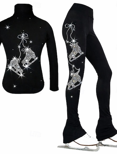  Kunstschaatsjas met broek, dames- en meisjesschaatsoutfit, zwart, elastisch, trainings- en wedstrijdschaatskleding, thermisch, warm, met kristallen/strasssteentjes, lange mouwen, kunstschaatsen.
