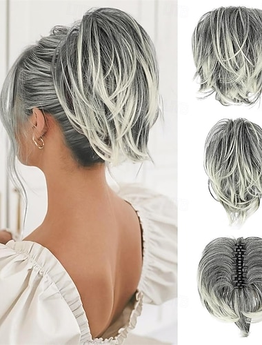  Haarverlängerung mit Haarspange – 20 cm kurzer, biegsamer DIY-Pferdeschwanz aus synthetischen Drähten für den täglichen Gebrauch – gräulich-weiß