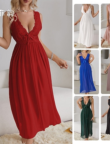  Per donna Camicia da Notte Casual Comfort Colore Puro Pizzo Quotidiano Casa Senza Maniche Scollo a V Nero Bianco Vino Blu Reale Verde Estate Primavera Vestibilità regolare