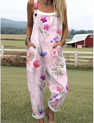  Damen Overall Aktiv Blumen Ärmellos Ärmellos Quadrathals Tasche Druck Täglich Urlaub Lässiger Schnitt Blau Hellgrün Rosa Sommer