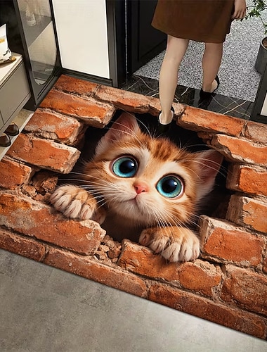  Deurmat met 3D-illusie van een kitten: een 2D-print van een kat die door een bakstenen muur gluurt. Een speelse en fantasierijke blikvanger voor de entree, perfect voor kattenliefhebbers.