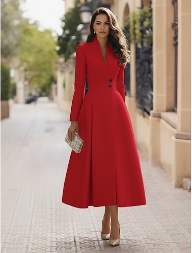  Dames Smokingjurk A-lijn Formeel Stretch crêpe Elegant Vintage Lange mouw Over de knie Midi-lengte Koningin Anne Dubbele rij knopen