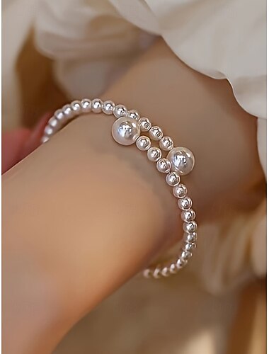  Pulseira feminina de pérolas sintéticas, design elegante em dois tons, perfeita para casamentos, Dia dos Namorados e uso diário.