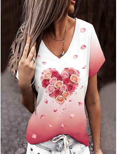  Valentinstag Damen T Shirt T-Shirt Druck Herz Blumen Grafik Stilvoll Klassisch Lässig Kurzarm V Ausschnitt Normale Oberteile Täglich Ausgehen Wochenende Rosa Rosa Sommer Frühling