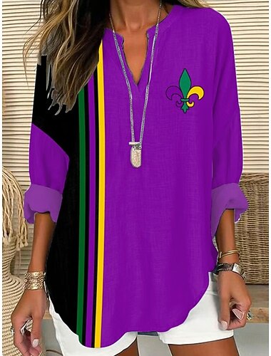  Mardi Gras Dames Blouse Linnenachtig Ademend Lichtgewicht Grafisch Vintage Dagelijks Stylish Lange Mouw V-Hals Reguliere Tops Dagelijkse Feestprint Geel Paars Groen Zomer Lente