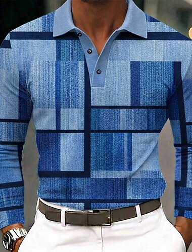  Herre Farveblok Polo skjorter Langærmet Polo skjorter Knaphul Forretningsmæssigt afslappet udendørs atletiktøj Dagligdagstøj 3D-udskrivning Knapper Forår Efterår Blå Lilla Brun