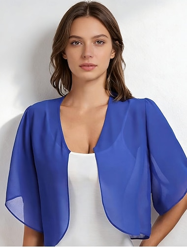  Chales Estolas de Señora Envolturas de la madre Envolturas de novia Envolturas de invitados de boda Elegante Un Color Sensual Manga Corta Gasa Velos de Boda Con Color Puro Para Boda Verano