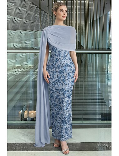  Funda Columna Hasta el Suelo Bordado con cuentas Vestido formal Vestido de madre de la novia Vestido de gala con capa Vestidos de noche Vestimenta formal Elegante Estilo de Celebridad Manga Corta