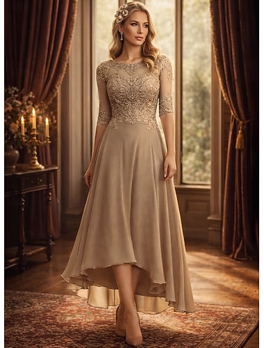  A-الخط طول الأرض فستان الحفلة فستان كوكتيل فستان زفاف ضيف فستان أم العروس نصف كم رقبة عالية مدورة أنيق رسمي ضيف حفل زفاف حفلة رسمية شيفون مع لون صلب