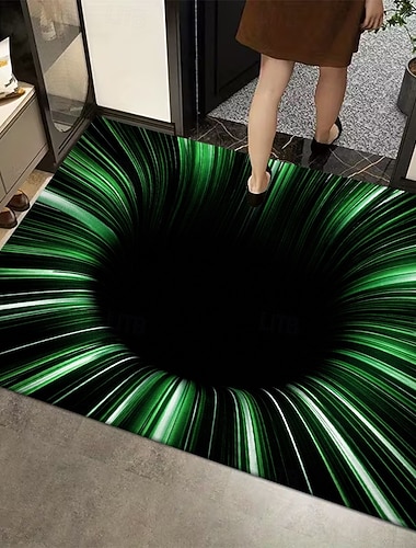  Fußmatte mit 3D-optischer Illusion, grünem Wirbeltunnel-Design, 2D-Flachdruck, atemberaubender moderner Akzentteppich für den Eingangsbereich