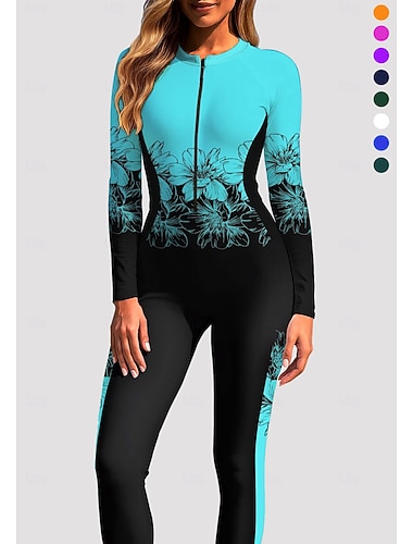  Damskie Standardowy Docieplacze Rashguard na całe ciało Jednoczęściowy strój do surfingu Kwiatowy Tropikalny Blokowanie kolorów Zapiąć na zamek błyskawiczny z wbudowanym biustonoszem Suwak przedni
