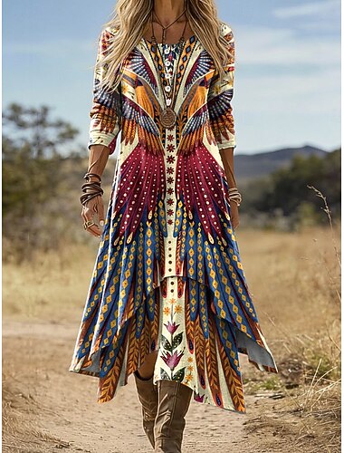  Naisten midi-mekko boho siirtomekko loma juhlat rento arkikäyttö loma säännöllinen istuvuus graafinen geometrinen pitkähihainen pyöreä pääntie v-pääntie sininen keltainen violetti vihreä kesä kevät