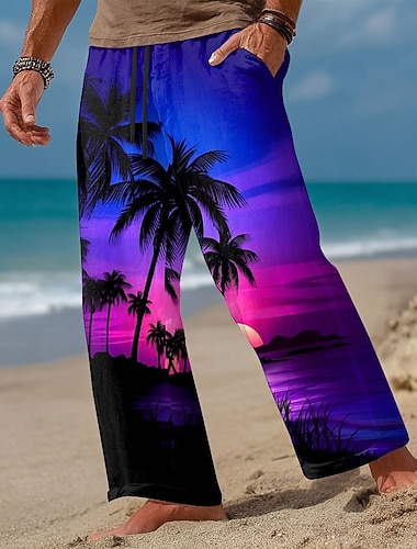  Homme Cocotier Coucher du soleil Plantes Tropicales Pantalons Pantalon décontracté Pantalons Amples Taille Moyenne Hawaïen Extérieur Vacances Tenue de plage Taille élastique avec cordon de serrage