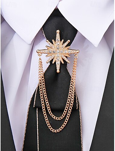  Heren reversspeld met kristallen ster en dubbele ketting, broche van goud- en zilverlegering, elegante vintage stijl, geschikt voor bruidegoms, bruiloften, Valentijnsdag, formele gelegenheden en avondevenementen.