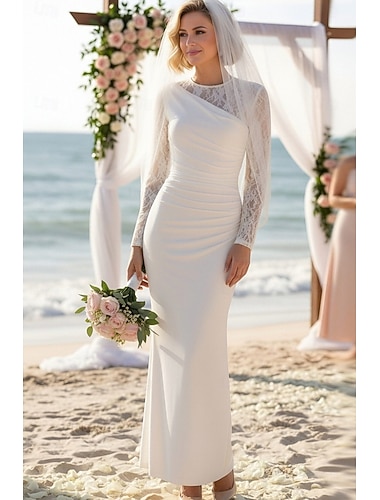  Szűk szabású Földig érő Fehér ruha Kis fehér ruha Elegáns Kis fehér szoknyák Hosszú ujj Terített nyak Esküvő Előírásos Kapucnis hátrész val vel Csipke Ráncolt