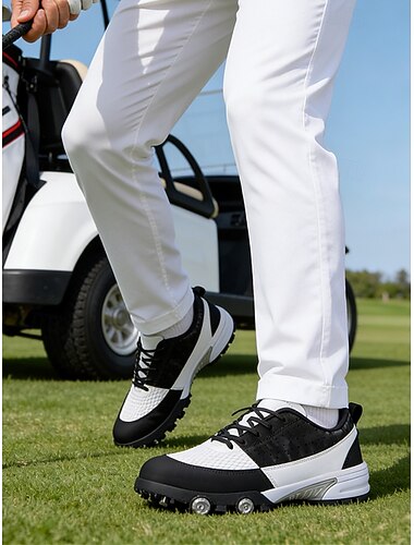  Sapatos de golfe masculinos em preto e branco, duráveis, respiráveis, com ajuste confortável, perfeitos para golfe e comemorações.