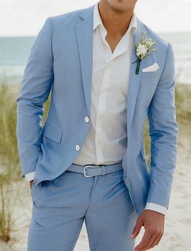  Menn Lindresser Strandbryllup Avslappet Rosa Himmelblå Vår sommer Dress Hakkjakkeslag Mote Daglig Ensfarget Skreddersydd 2-delt sett Enkelt Brystet To-knapp