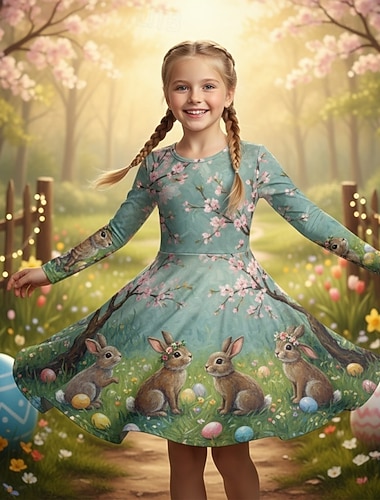  Ostern Mädchen' 3D Grafik Kaninchen Kleid Langarm 3D-Druck Frühling Herbst Täglich Urlaub Party Lässig Prinzessin Schön Kinder 4-12 Jahre Freizeitkleid A Linie Kleid Knielang Normale Passform