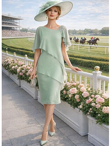  Tubino Colonna Lunghezza al ginocchio Vestito da Festa Abito da Cocktail Abito da invitata a nozze Abito da cerimonia per signora Mezza Manica Collo gioiello Elegante Ospite di nozze Chiffon con