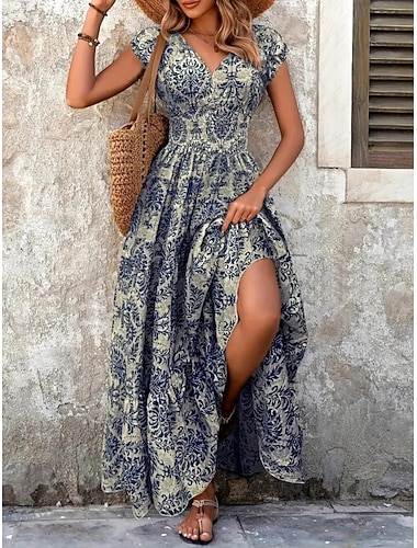  Damen Maxikleid Langes Kleid Maxikleid Strandkleid Blumenkleid Boho-Kleid Elegant Mode Modern Täglich Outdoor Urlaub Normale Passform Blumen Kurzarm V Ausschnitt Blau Gelb Rote Königsblau Sommer