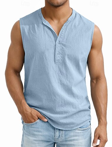  Pánské Bez rukávů Tílka Tričko jako ze lnu Bez rukávů Henley Léto Bez vzoru Módní Klasické Pohodlné Knoflíky Rozdělené konce Ležérní Posilovna ulice Černá Bílá Námořnická modř Top tričko pro muže