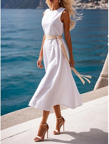  Damen Midikleid Weißes Kleid Mode Klassisch Modern Outdoor Urlaub Ausgehen Normale Passform Einfach Ärmellos Rundhalsausschnitt Weiß Sommer Frühling