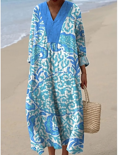  Femmes Robe maxi Robe fourreau Robe d'Été Vacances Occasionnel Plage Sortir Coupe Ample Graphique Géométrique Abstrait manche longue Col en V Bleu Rouge Marron clair Rose / Noir Été Printemps