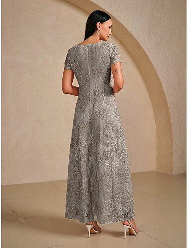  نسائي فستان طويل فستان شكل حرف A أنيق حفلة ليلية محاك بربطات ترتر ورد كم قصير رقبة عالية مدورة رمادي فاتح