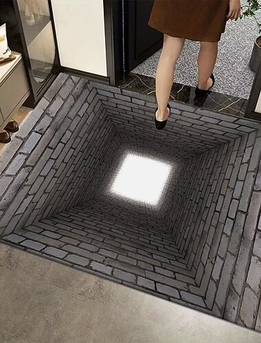  Tapis d'entrée effet tunnel 3D, imprimé en 2D avec un motif de briques créant une perspective profonde pour un tapis d'entrée saisissant et unique, parfait pour la décoration intérieure.