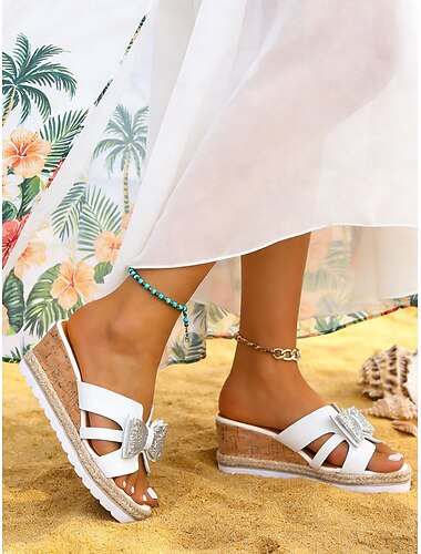  Witte sleehak sandalen voor dames – sandalen met glitterstrik op de band, comfortabele kurken zool, perfect voor gasten op een strandbruiloft, zomerfeesten en dagelijks gebruik.