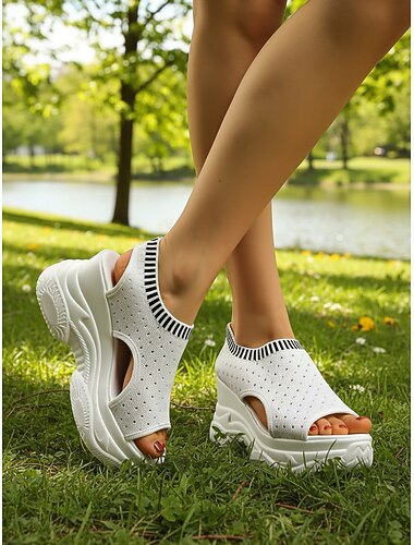  صنادل نسائية ذات نعل سميك محبوك يسمح بمرور الهواء - صنادل خفيفة الوزن للمشي والسفر والنزهات الصيفية والشاطئ والارتداء اليومي