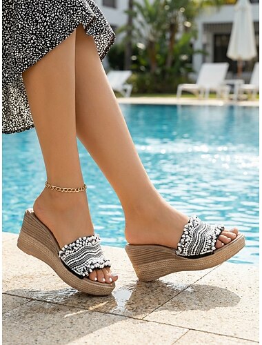  dames zwart &Ivoren platform wedge sandalen met kralen, boho-chique schoenen met dikke zool voor gasten op een strandbruiloft &vakantie aan zee