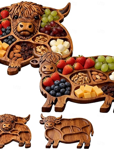  Holzbrett mit Hochlandrind-Motiv, rustikale Servierplatte im Landhausstil, Partyplatte mit Kuhmotiv für Snacks, Obst, Fleisch und Käse – ideal für Zuhause.