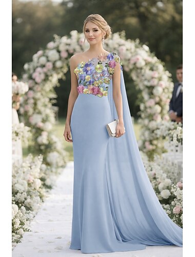  Meerjungfrauenschnitt Bodenlange Schleppe Ballkleid mit Cape Abendkleid Festliche Kleidung Elegant Promi-Stil Ärmellos Ein-Schulter Gartenparty Hochzeit Chiffon Stretch-Crêpe mit Stickerei