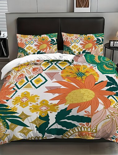  Bettwäsche-Set mit floralem Boho-Muster, 3-teilig, im Hotelstil, Queen-Size, bestehend aus 1 Bettbezug und 2 Kissenbezügen, aus weichem Kurzplüsch. Ohne Bettdecke.