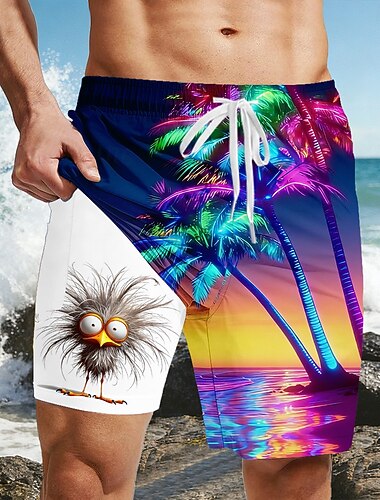  Homme Cocotier Poussin Drôle Short doublé Short de bain 2 en 1 Shorts de bain Taille Moyenne Hawaïen Fête Poches Latérales Avec doublure de compression Taille élastique avec cordon de serrage Designer