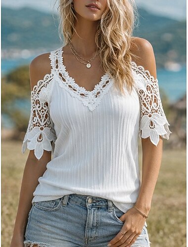  Dame Blondeskjorte Bluse Blonde Helfarge Stilfull Fritid Kortermet V-hals Vanlige topper Daglig Blå Svart Hvit Sommer Vår