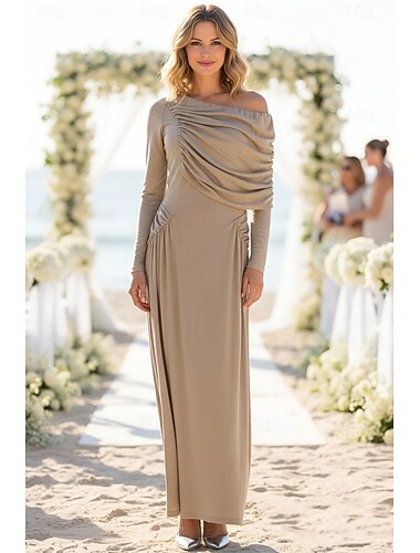  Linjeform Gulvlengde Festkjole Gjestekjole til bryllup Gjestekjoler til bryllup Elegant Daglig Langermet Enskuldret Hage fest Bryllup med Bølgemønster