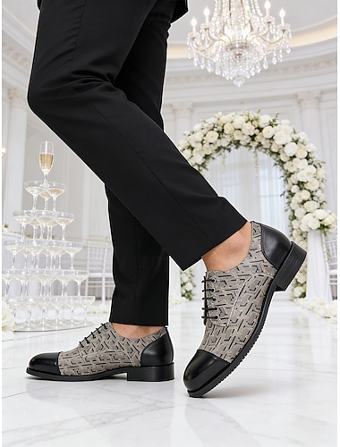  Hochwertige Herren-Hochzeitsschuhe aus Leder – graues, gemustertes Design mit schwarzer Lederkappe, stilvolles, formelles Schuhwerk für Hochzeiten und besondere Anlässe